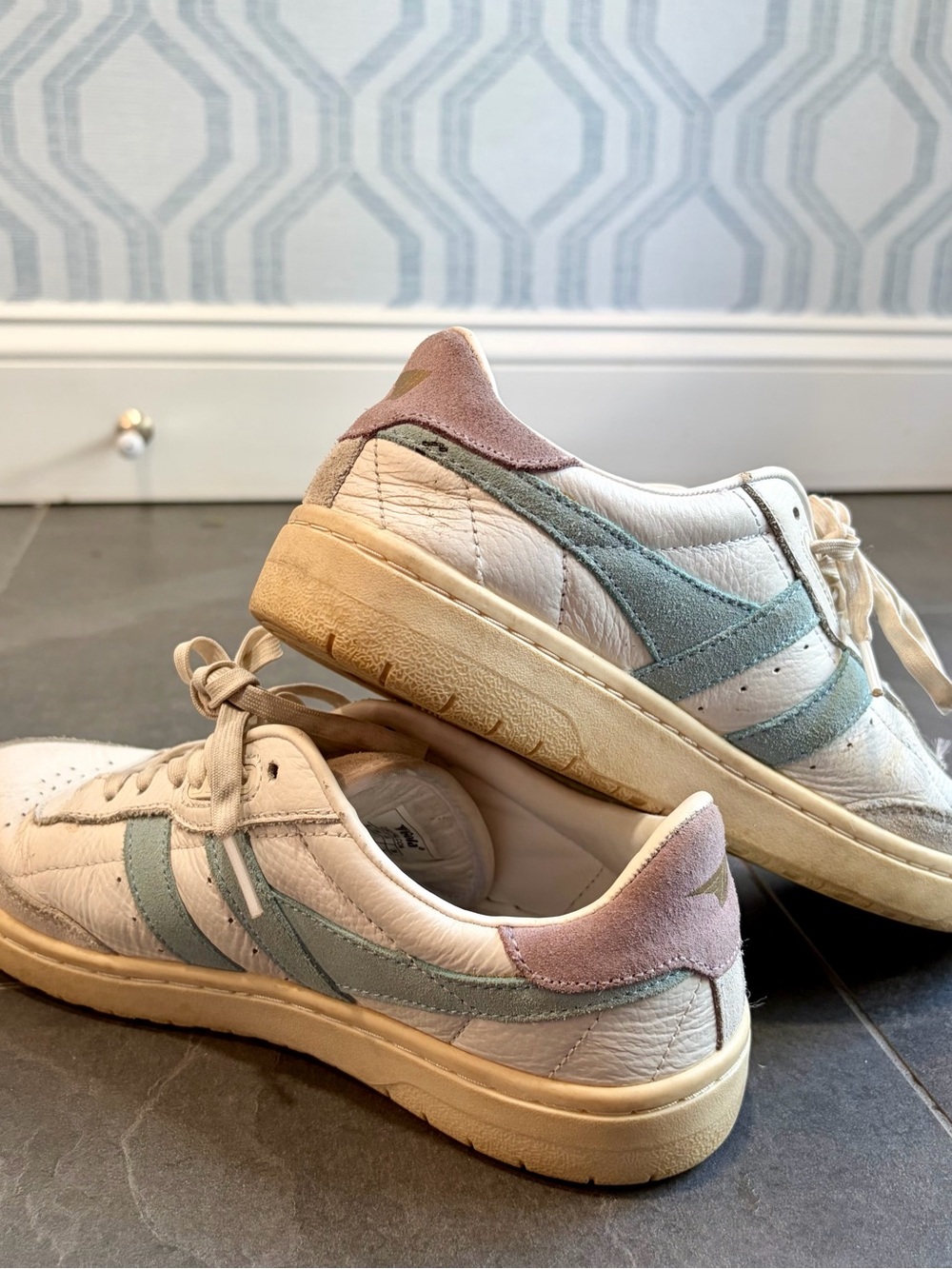Gola Women’s White Leather Sneakers with Mint Blue Stripes & Dusty Pink Heel